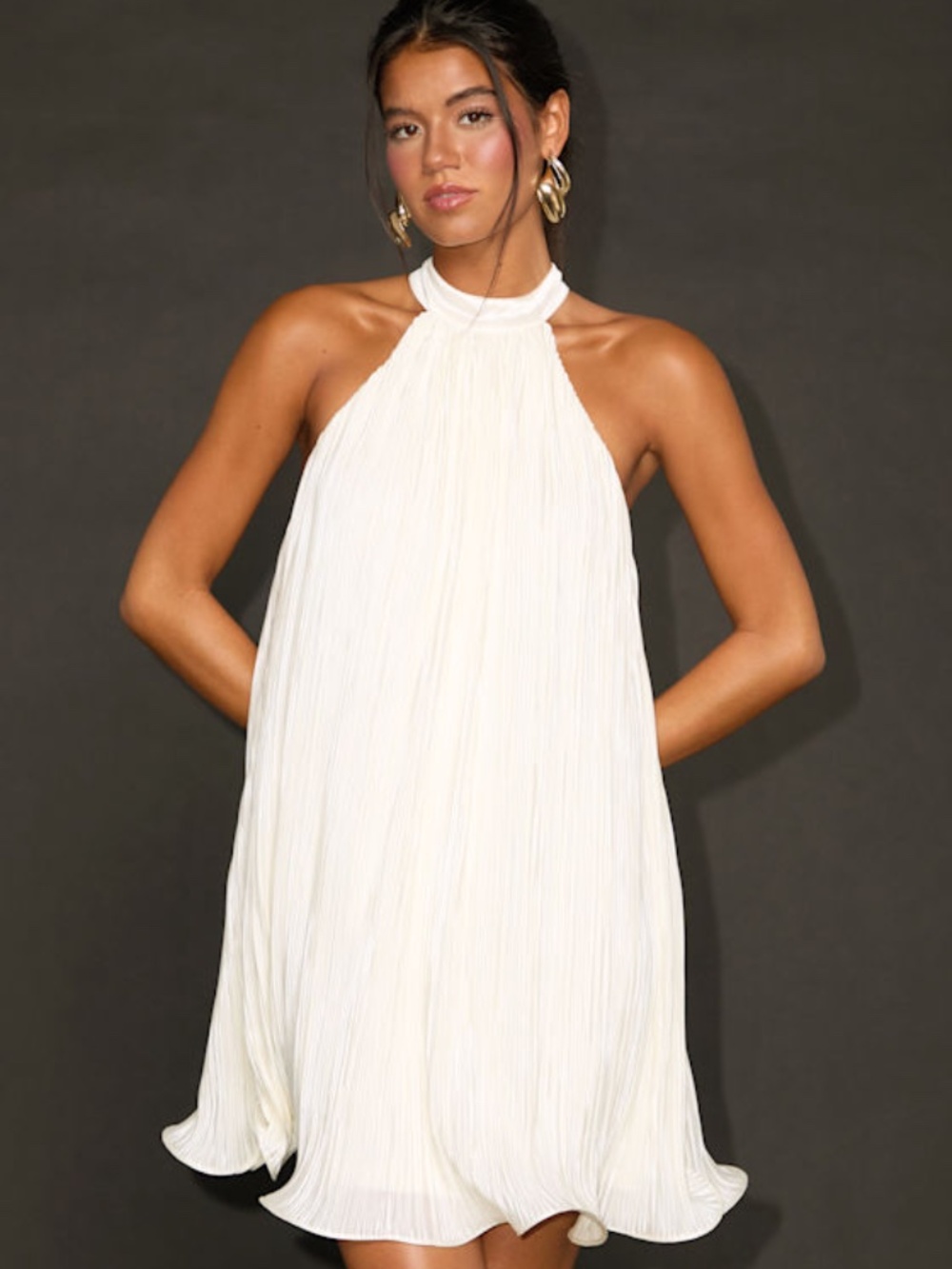 Lulus Vaivah White Satin Plisse Mock Neck Swing Mini Dress - Size S